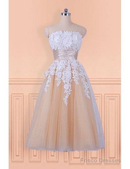 Lace Appliques Champagne Strapless Tea Length Wedding Dress