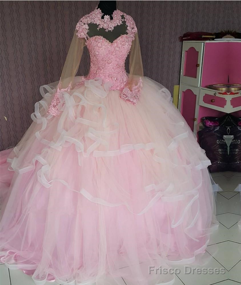 Lace Appliques High Neck Long Sleeves Ball Gowns Wedding Dresses Pink Main image