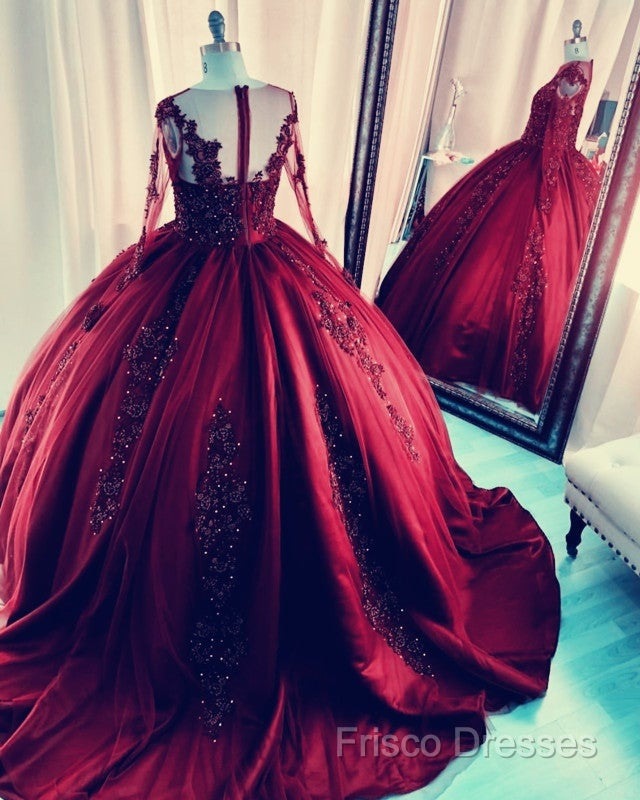 Lace Beaded Green Ball Gown Quinceanera Dress Long Sleeves Graduation Dress