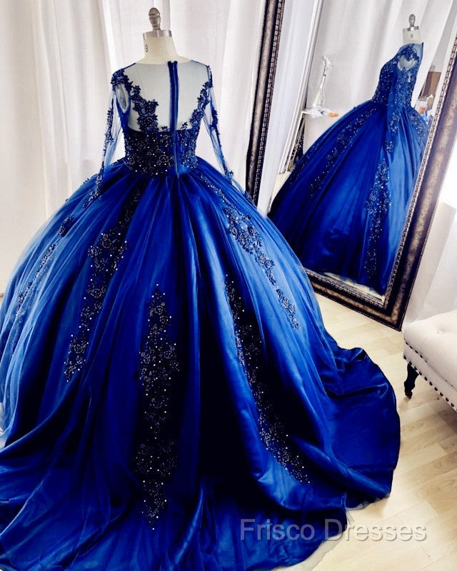 Lace Beaded Green Ball Gown Quinceanera Dress Long Sleeves Graduation Dress