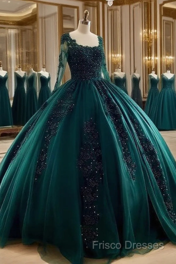 Lace Beaded Green Ball Gown Quinceanera Dress Long Sleeves Graduation Dress Main image
