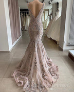 Lace Beaded Sexy African Dubai Formal Dress Mermaid Backless Formal Prom Dress Deep V-Neck Formal Party Bridesmaid Pageant Gowns