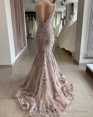 Lace Beaded Sexy African Dubai Evening Dresses Mermaid Backless Prom Dresses Deep V-Neck Formal Party Bridesmaid Pageant Gowns