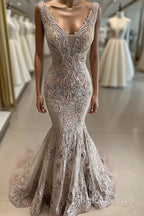 Lace Beaded Sexy African Dubai Formal Dress Mermaid Backless Formal Prom Dress Deep V-Neck Formal Party Bridesmaid Pageant Gowns