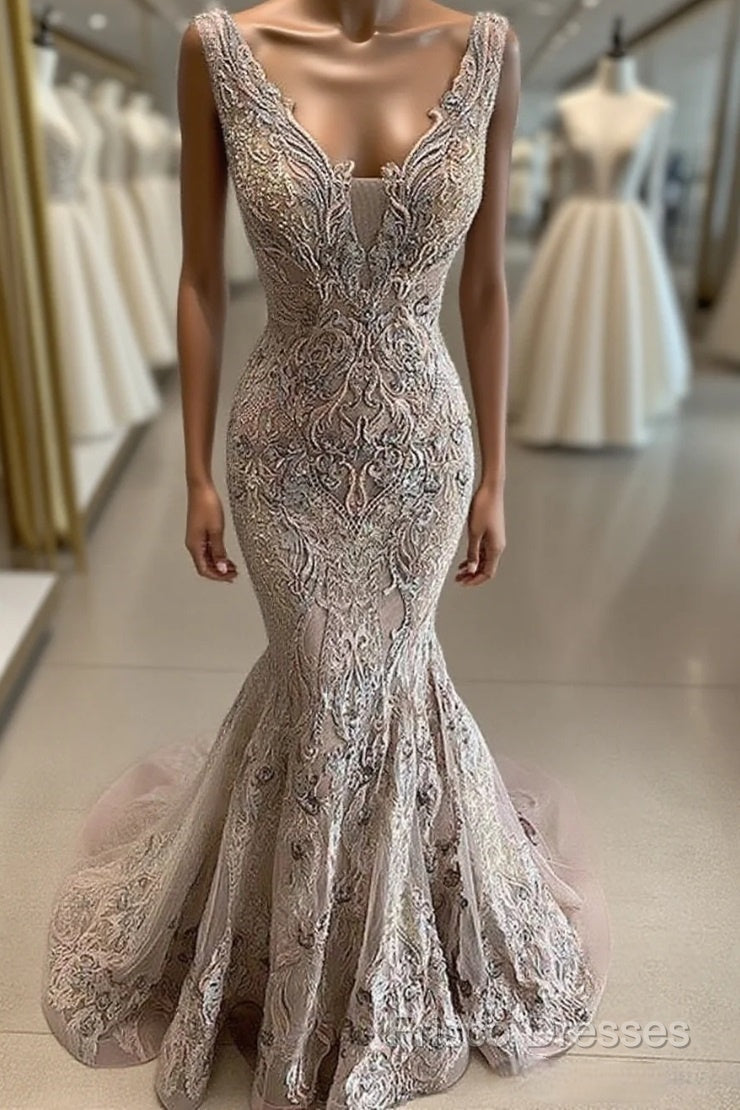 Lace Beaded Sexy African Dubai Formal Dress Mermaid Backless Formal Prom Dress Deep V-Neck Formal Party Bridesmaid Pageant Gowns