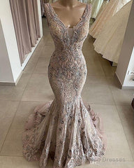 Lace Beaded Sexy African Dubai Evening Dresses Mermaid Backless Prom Dresses Deep V-Neck Formal Party Bridesmaid Pageant Gowns