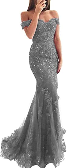 Lace Beaded Tulle Maxi Evening Dress Off The Shoulder Mermaid Formal Party Dress