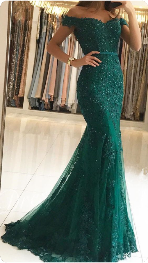 Lace Beaded Tulle Maxi Evening Dress Off The Shoulder Mermaid Formal Party Dress Main image