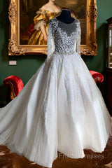 Lace Beaded Vintage Wedding Dress Long Sleeves Sheer Neck Bridal Dress Crystals Wedding Gowns Formal Prom Dress