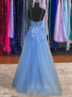 Lace Blue Formal Prom Dress V Neck Long Formal Dress Open Back