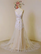 Lace Boho Wedding Dress Fleshcolor Tulle Bridal Gown Backless A-Line Court Train Beach Wedding Dress With Detachable Satin Sash