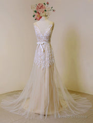 Lace Boho Wedding Dress Fleshcolor Tulle Bridal Gown Backless A-Line Court Train Beach Wedding Dress With Detachable Satin Sash