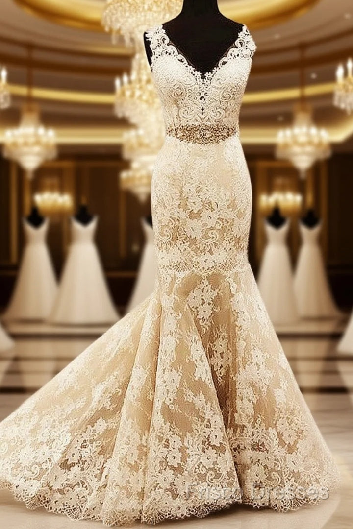 Lace Cap Sleeves Mermaid Wedding Dress V Neck With Sashes