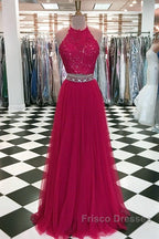 Lace Crop Top Tulle Formal Prom Dress Two Piece Evening Gowns Beaded Sashes