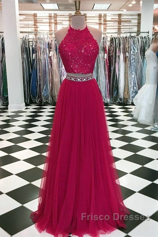 Lace Crop Top Tulle Formal Prom Dress Two Piece Evening Gowns Beaded Sashes