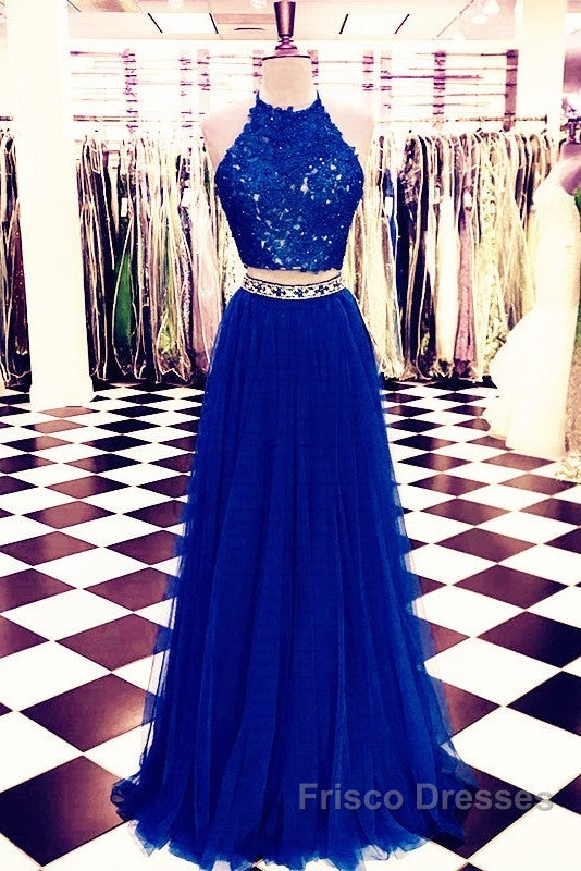 Lace Crop Top Tulle Formal Prom Dress Two Piece Evening Gowns Beaded Sashes