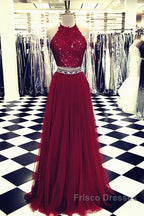 Lace Crop Top Tulle Formal Prom Dress Two Piece Evening Gowns Beaded Sashes