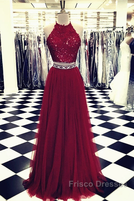 Lace Crop Top Tulle Formal Prom Dress Two Piece Evening Gowns Beaded Sashes