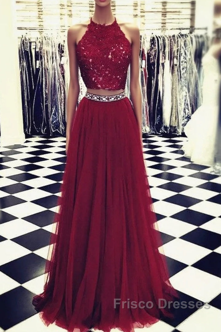 Lace Crop Top Tulle Formal Prom Dress Two Piece Evening Gowns Beaded Sashes