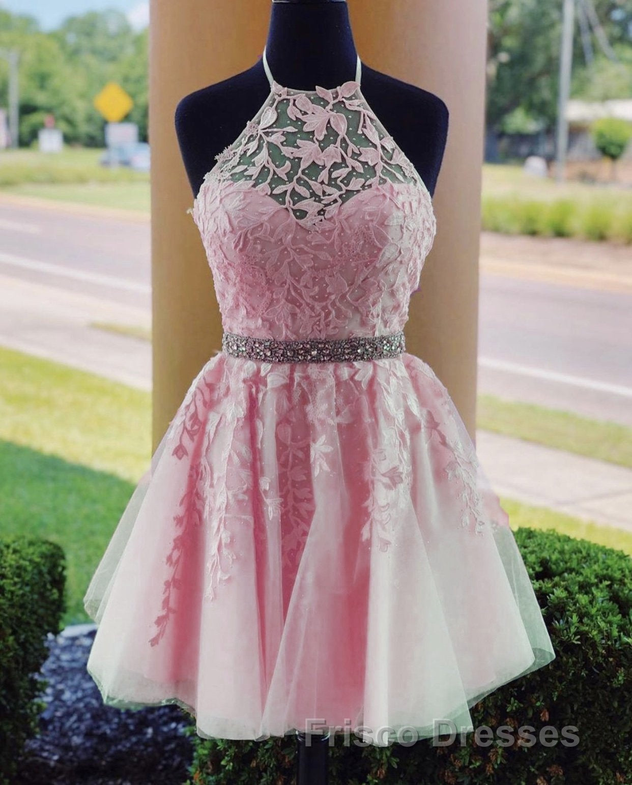 Lace Embroidery Halter Tulle Homecoming Dress Cross Back