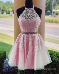 Lace Embroidery Halter Tulle Homecoming Dresses Cross Back