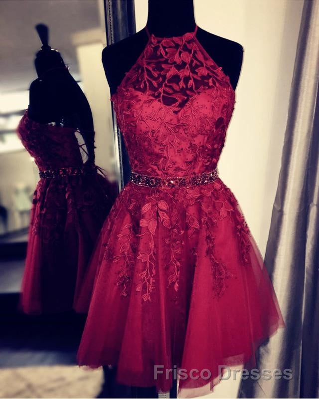 Lace Embroidery Halter Tulle Homecoming Dress Cross Back
