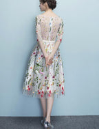 Lace Floral Elegant 1/2 Sleeves Knee Length Round Neckline Party Dress, Homecoming Dress , Party Dress