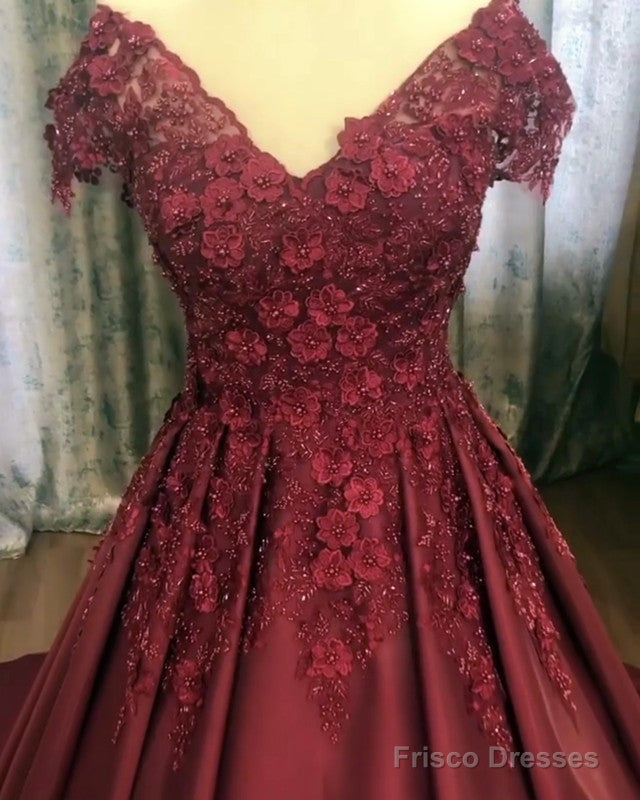 Lace Flowers Beaded Cap Sleeves Satin Prom Dresses Ball Gown Main image