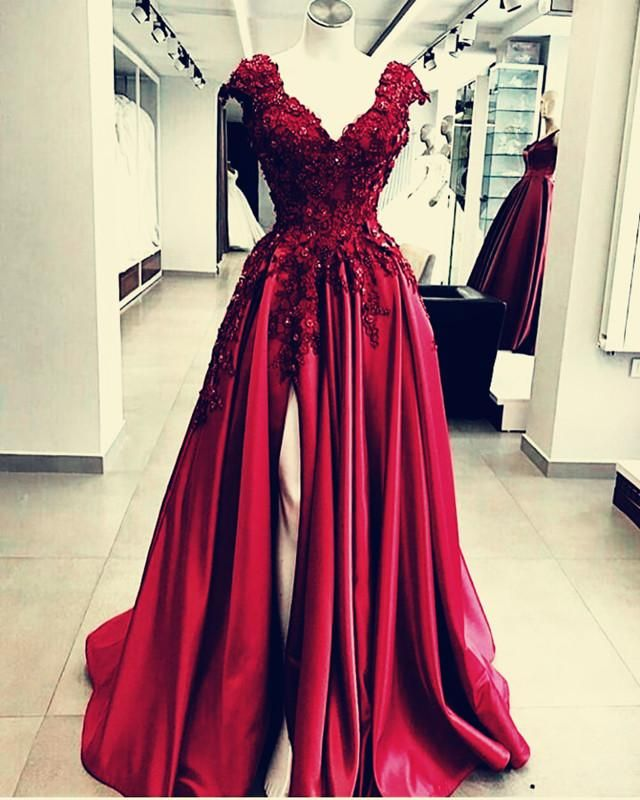 Lace Flowers Beaded Cap Sleeves V-Neck Prom Dresses Split Evening Gowns