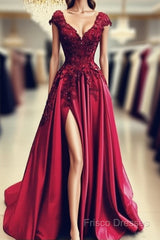 Lace Flowers Beaded Cap Sleeves V-Neck Formal Prom Dress Split Formal Gowns