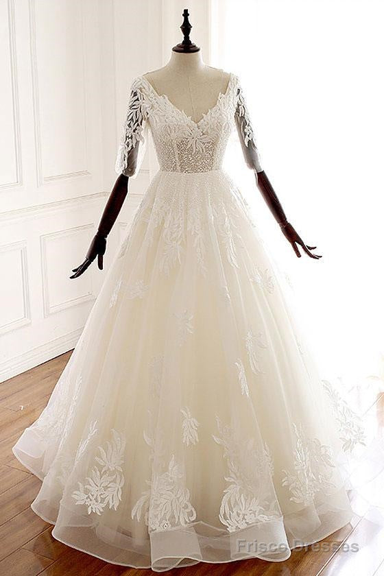 Lace Half Sleeve Long White V Neck Tulle Wedding Dress Main image