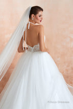 Lace Halter See-through Multi-Layers White Wedding Dresses with Open Back
