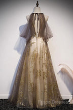 Lace Long Appliques Champagne Tulle Formal Prom Dress