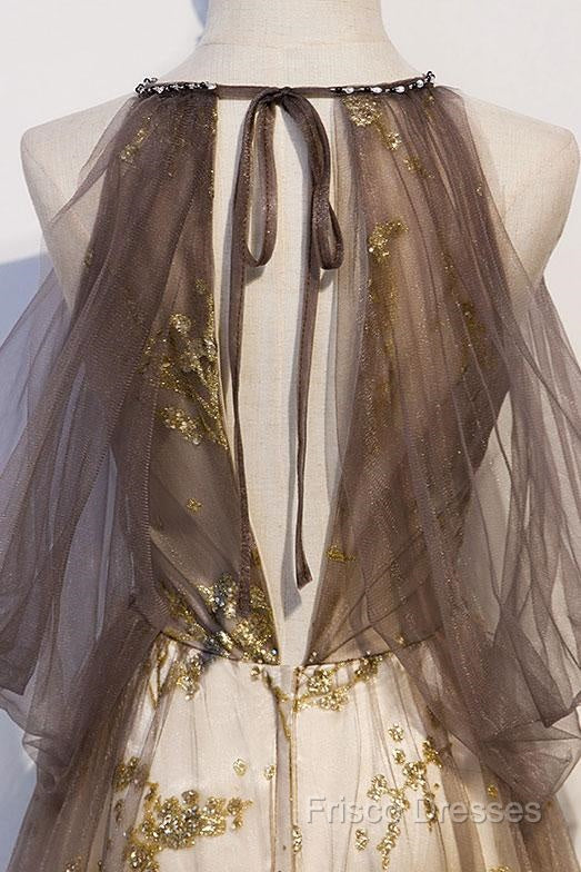 Lace Long Appliques Champagne Tulle Formal Prom Dress