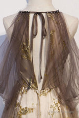 Lace Long Appliques Champagne Tulle Prom Dress
