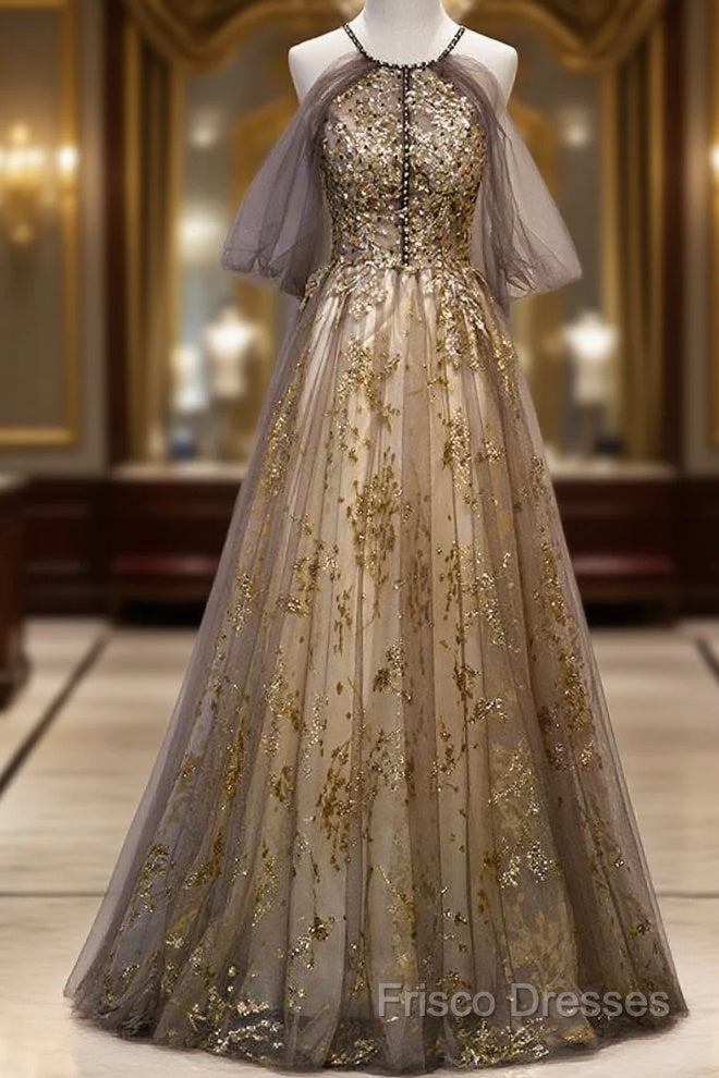 Lace Long Appliques Champagne Tulle Formal Prom Dress