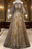 Lace Long Appliques Champagne Tulle Formal Prom Dress