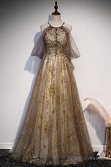 Lace Long Appliques Champagne Tulle Prom Dress