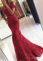 Lace Long/Floor-Length Trumpet/Mermaid Sleeveless Off-The-Shoulder Zipper Prom Dresses With Appliqued Beaded