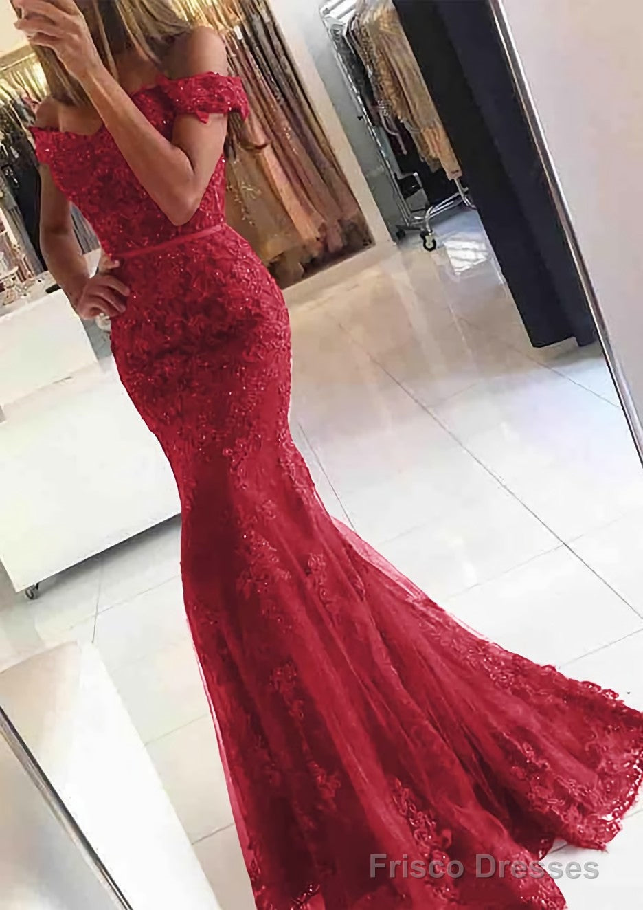 Lace Long/Floor-Length Trumpet/Mermaid Sleeveless Off-The-Shoulder Zipper Prom Dresses With Appliqued Beaded
