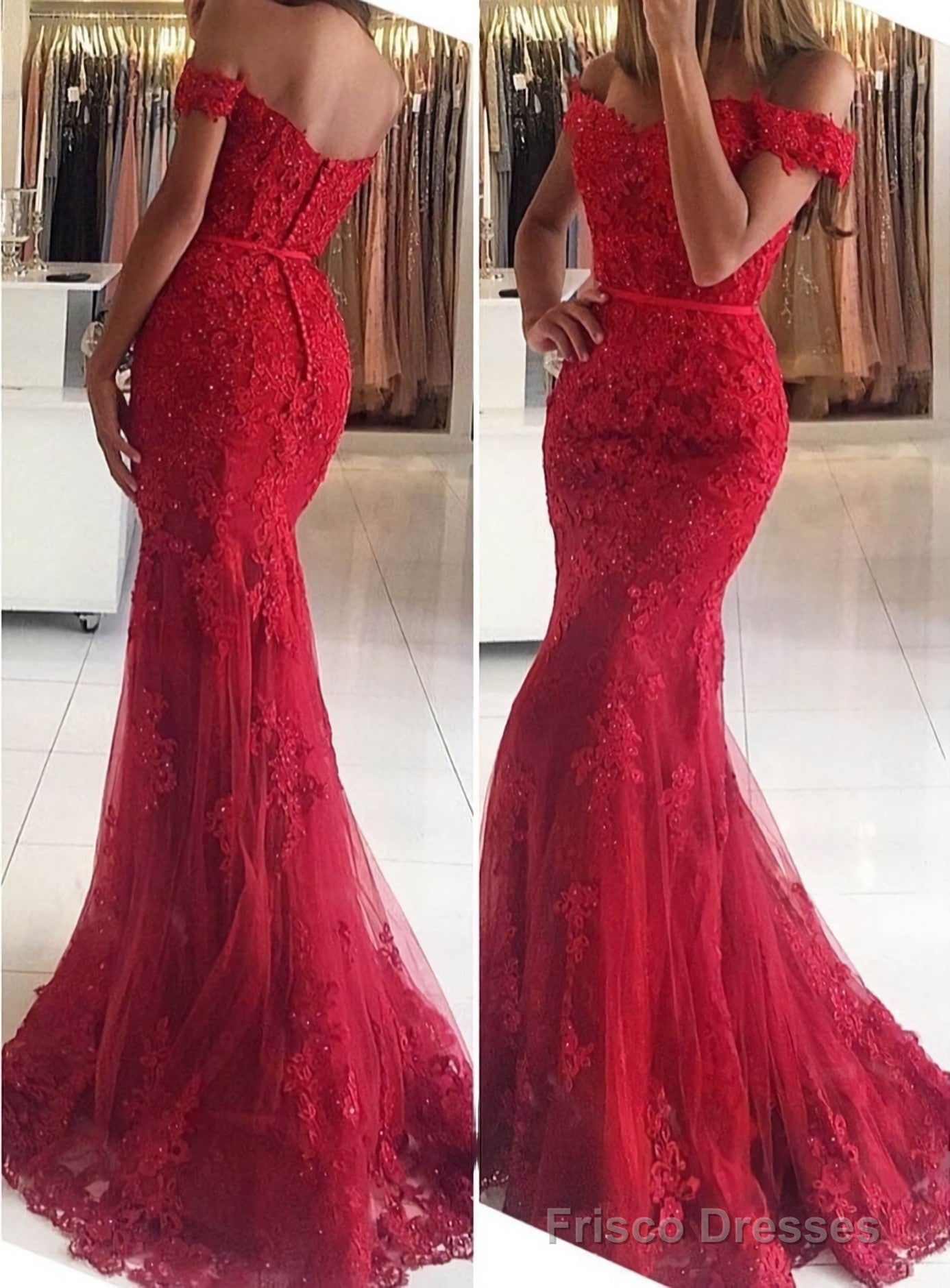 Lace Long/Floor-Length Trumpet/Mermaid Sleeveless Off-The-Shoulder Zipper Prom Dresses With Appliqued Beaded Main image