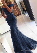 Lace Long/Floor-Length Trumpet/Mermaid Sleeveless Off-The-Shoulder Zipper Prom Dresses With Appliqued Beaded