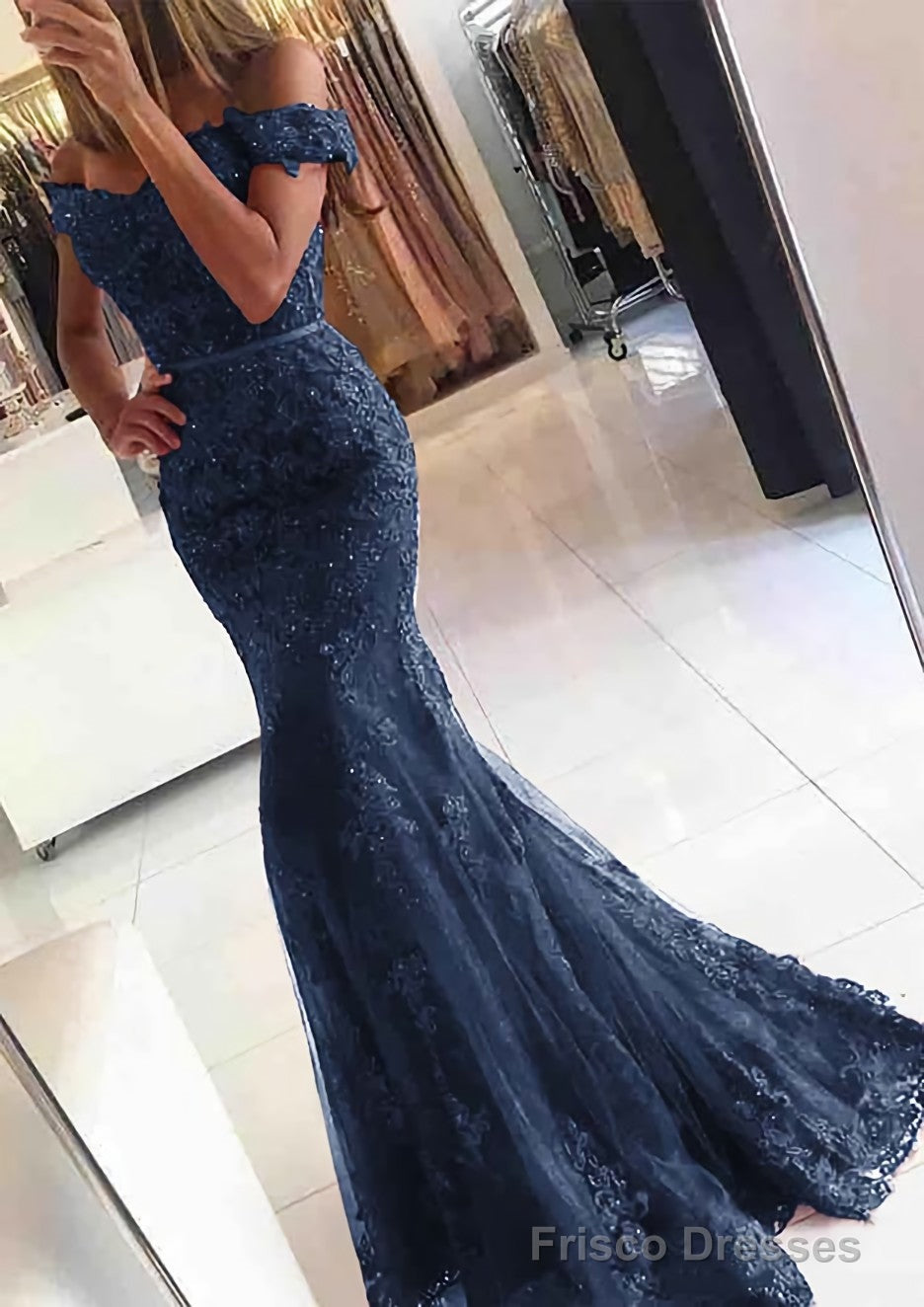 Lace Long/Floor-Length Trumpet/Mermaid Sleeveless Off-The-Shoulder Zipper Prom Dresses With Appliqued Beaded