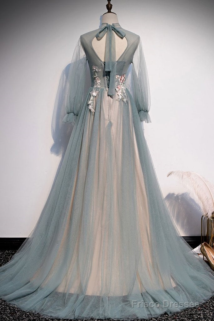 Lace Long Sleeve Unique A-Line Tulle Appliques Long Prom Dress Secondary image