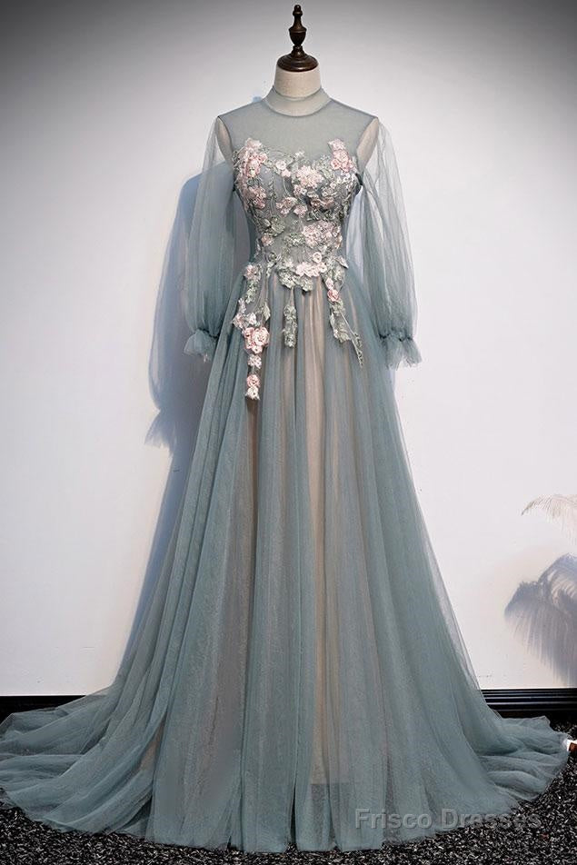 Lace Long Sleeve Unique A-Line Tulle Appliques Long Prom Dress