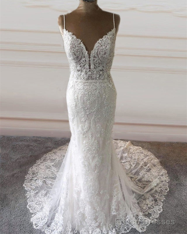 Lace Mermaid Wedding Dress Plunge Neck Spaghetti Straps Main image