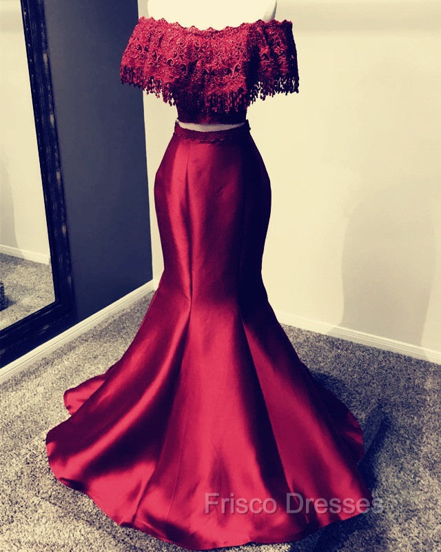 Lace Off Shoulder Mermaid Two Piece Formal Prom Dress