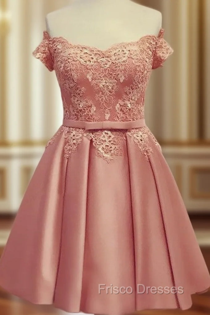 Lace Off Shoulder Satin Homecoming Dress Bow Sashes Main image