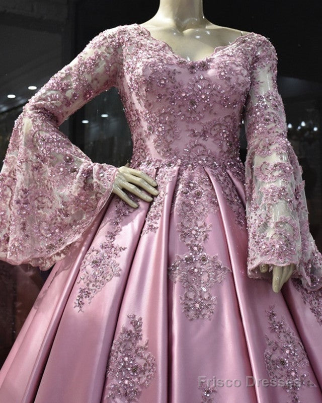Lace Puffy Sleeves Satin Ball Gown V-Neck Dress Main image