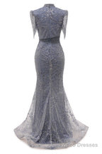Lace Sequin Long Grey Prom Dresses High Neck Beaded Mermaid Long Evening Dresses